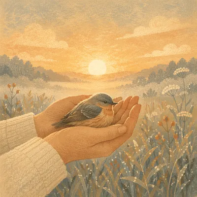 Gentle Hands Cradling Bird at Dawn