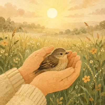 Gentle Hands Cradling Bird at Sunrise