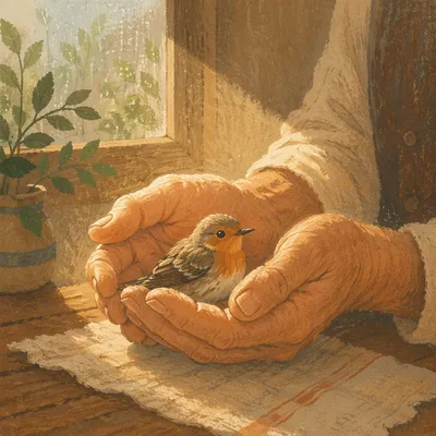 Tender Hands Cradling a Rescued Songbird