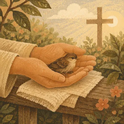 Gentle Hands Cradling Bird in Prayer Garden