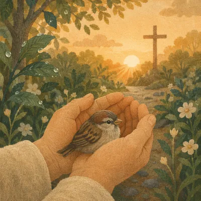 Gentle Hands Cradling Sparrow at Dawn