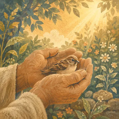 Gentle Hands Cradling Sparrow in Morning Light