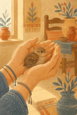 Gentle Hands Cradling a Tiny Bird