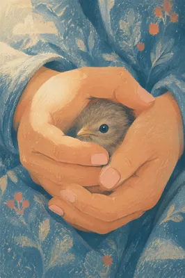 Gentle Hands Cradling a Tiny Bird