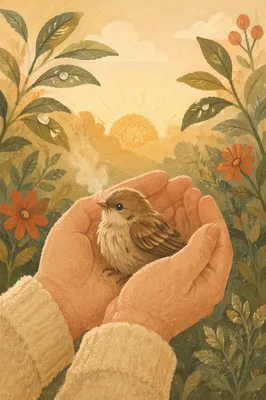 Gentle Hands Cradling a Tiny Bird