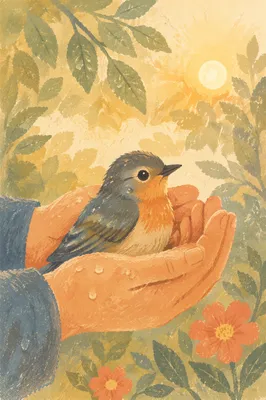 Gentle Hands Cradling a Small Bird