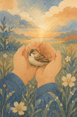Gentle Hands Sheltering a Tiny Bird
