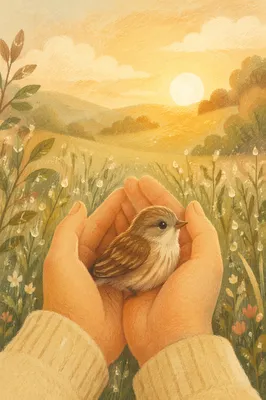 Tender Hands Cradling a Small Bird