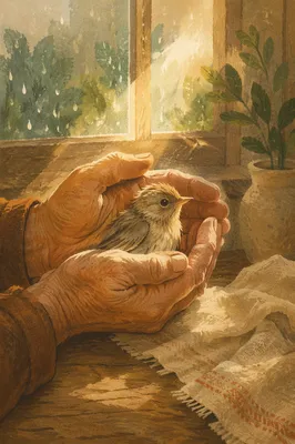 Tender Hands Cradling Bird in Morning Light