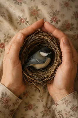 Gentle Hands Cradling Bird in Nest