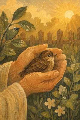 Gentle Hands Cradling Songbird at Sunrise