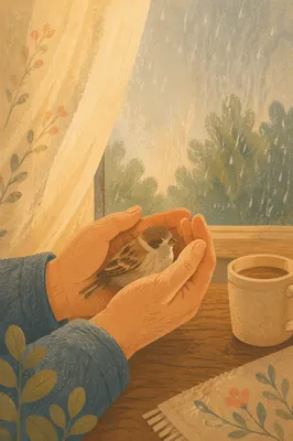 Gentle Hands Cradling Sparrow in Morning Light