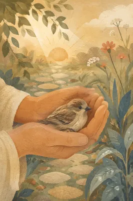 Gentle Hands Cradling Sparrow at Sunrise
