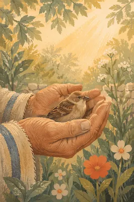 Gentle Hands Cradling Sparrow in Divine Love