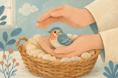 Gentle Hands Cradling Songbird in Basket