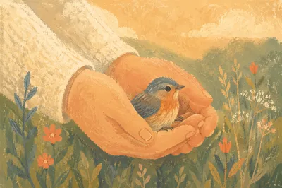 Gentle Hands Cradling a Tiny Songbird