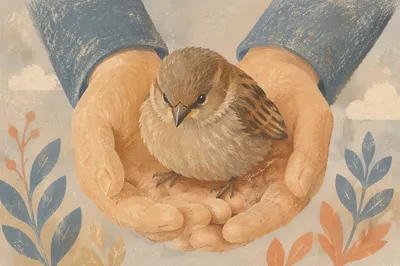 Gentle Hands Holding a Tiny Sparrow