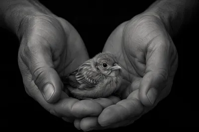 Gentle Hands Cradling a Small Bird