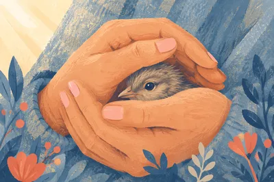 Gentle Hands Cradling a Tiny Bird