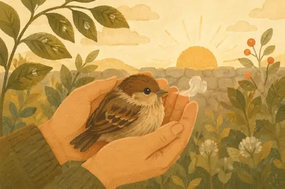 Gentle Hands Cradling a Tiny Bird