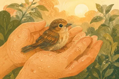 Gentle Hands Cradling a Small Songbird