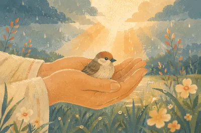 Gentle Hands Sheltering a Tiny Bird