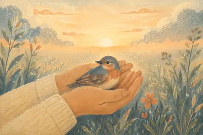 Gentle Hands Cradling Bird at Dawn