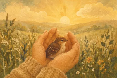 Tender Hands Protecting a Small Bird