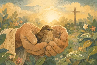 Gods Love Cradling a Rescued Songbird