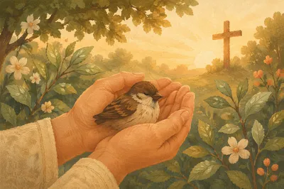 Gentle Hands Cradling Sparrow at Dawn
