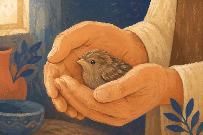 Gentle Hands Cradling a Fledgling Bird
