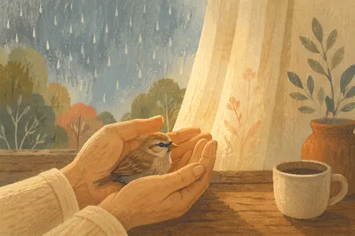 Gentle Hands Cradling Sparrow in Morning Light