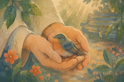 Gentle Hands Cradling a Tiny Songbird