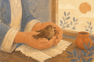 Gentle Hands Cradling a Small Bird