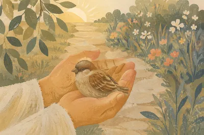 Gentle Hands Cradling Sparrow at Sunrise