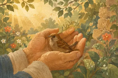 Gentle Hands Cradling Sparrow in Divine Love