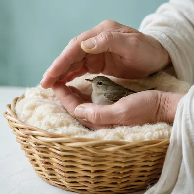 Gentle Hands Cradling Songbird in Wicker Basket