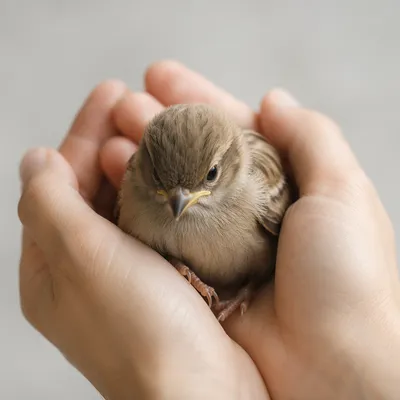 Gentle Hands Cradling a Tiny Sparrow