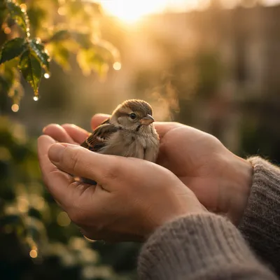 Gentle Hands Cradling Sparrow at Sunrise