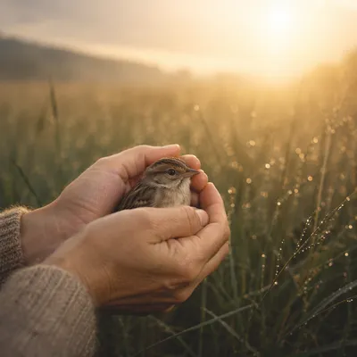 Gentle Hands Cradling a Small Bird