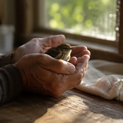 Tender Hands Cradling a Rescued Songbird