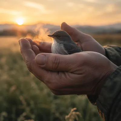 Gentle Hands Cradling a Small Bird