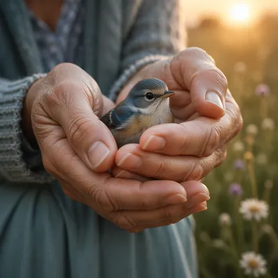Gentle Hands Cradling Tiny Songbird