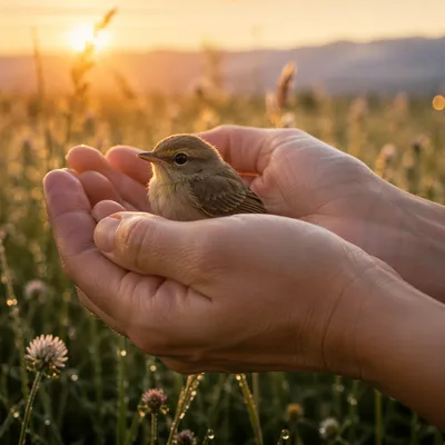 Gentle Hands Cradling Small Songbird
