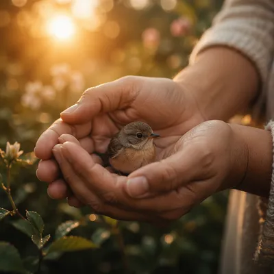 Cupped Hands Protecting a Tiny Songbird