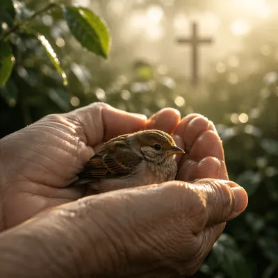 Gentle Hands Cradling a Rescued Songbird