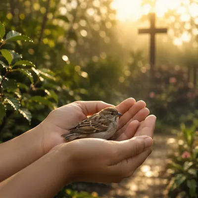 Gentle Hands Cradling Sparrow at Dawn