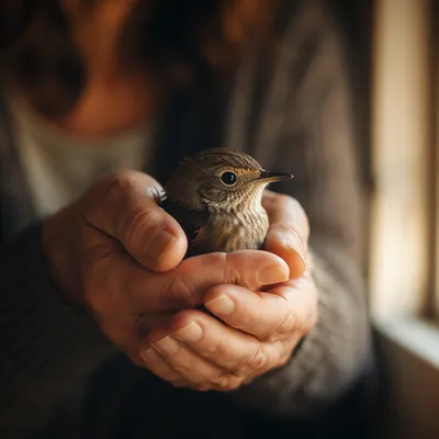 Gentle Hands Cradling a Small Bird