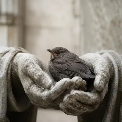 Gentle Stone Hands Cradling a Small Bird