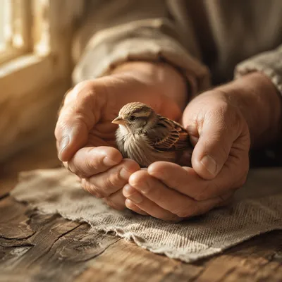 Gentle Hands Cradling Bird in Morning Light